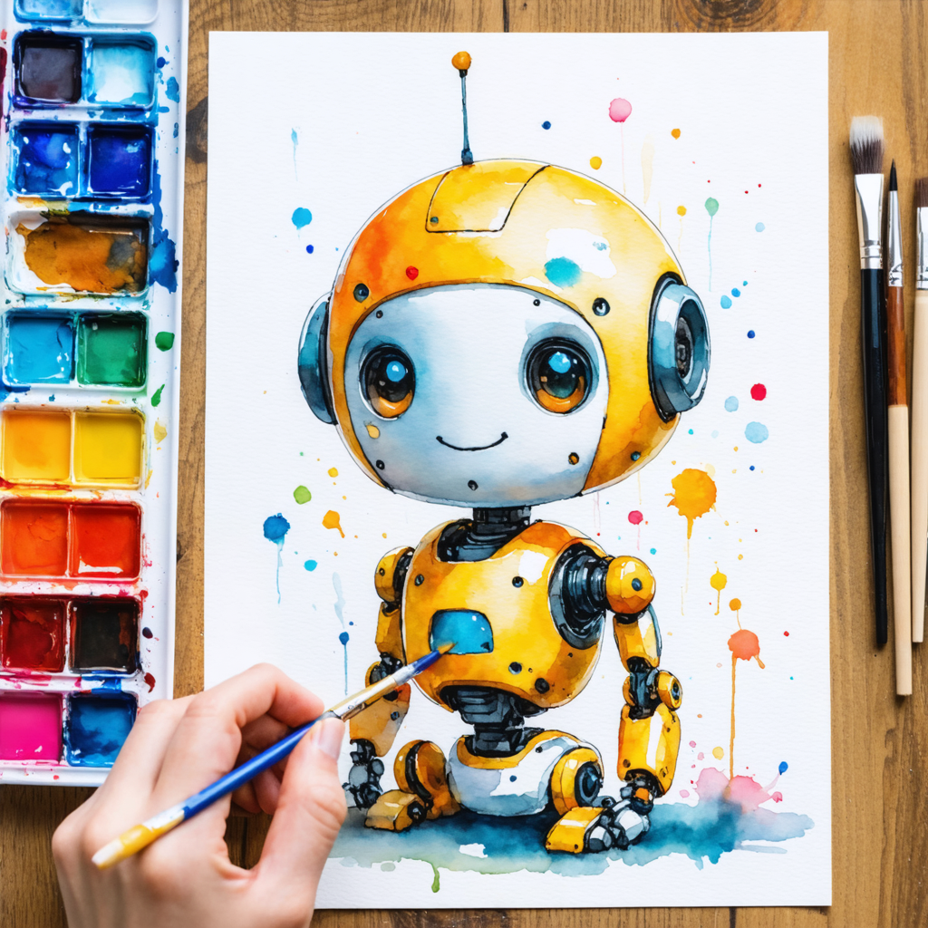 A yellow robot being painted in watercolor by a human hand. AIA Entirely AI, Human-initiated, Reviewed, DreamStudio v1.0 (https://aiattribution.github.io/statements/AIA-EAI-Hin-R-?model=DreamStudio-v1.0)